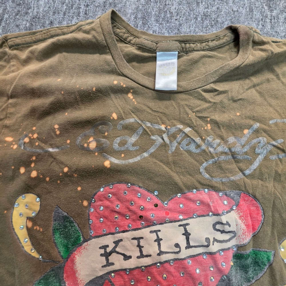 Ed Hardy Love Kills Slowly Rhinestone Bleach Splatter T-Shirt Olive Green M - Picture 3 of 13